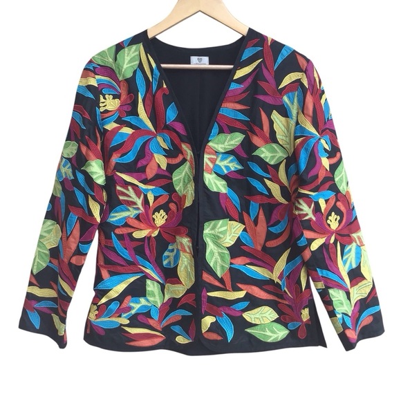 Chico’s Artsy Appliqué Multi Color Floral Silk Jacket - Picture 1 of 10